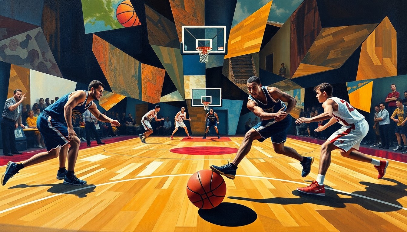 A fractured, multi-perspective painting breaking down a basketball game into sharp, overlapping geometric planes, with the players' figures deconstructed into abstract shapes and forms, and the ball and court lines creating a dynamic, angular composition.