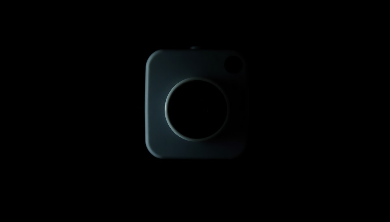 An extreme close-up of a disconnected doorbell camera, the harsh flash highlighting the device's texture and details against a stark black background, conceptually representing the technical challenges in the investigation of Nancy Guthrie's disappearance.