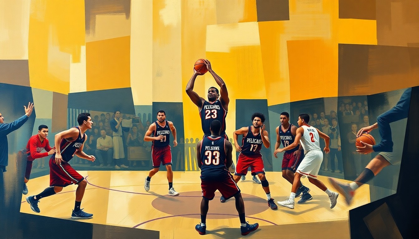 A cubist-style painting depicting fragmented, overlapping geometric shapes in muted team colors, capturing the dynamic motion and energy of Pelicans basketball players on the court.