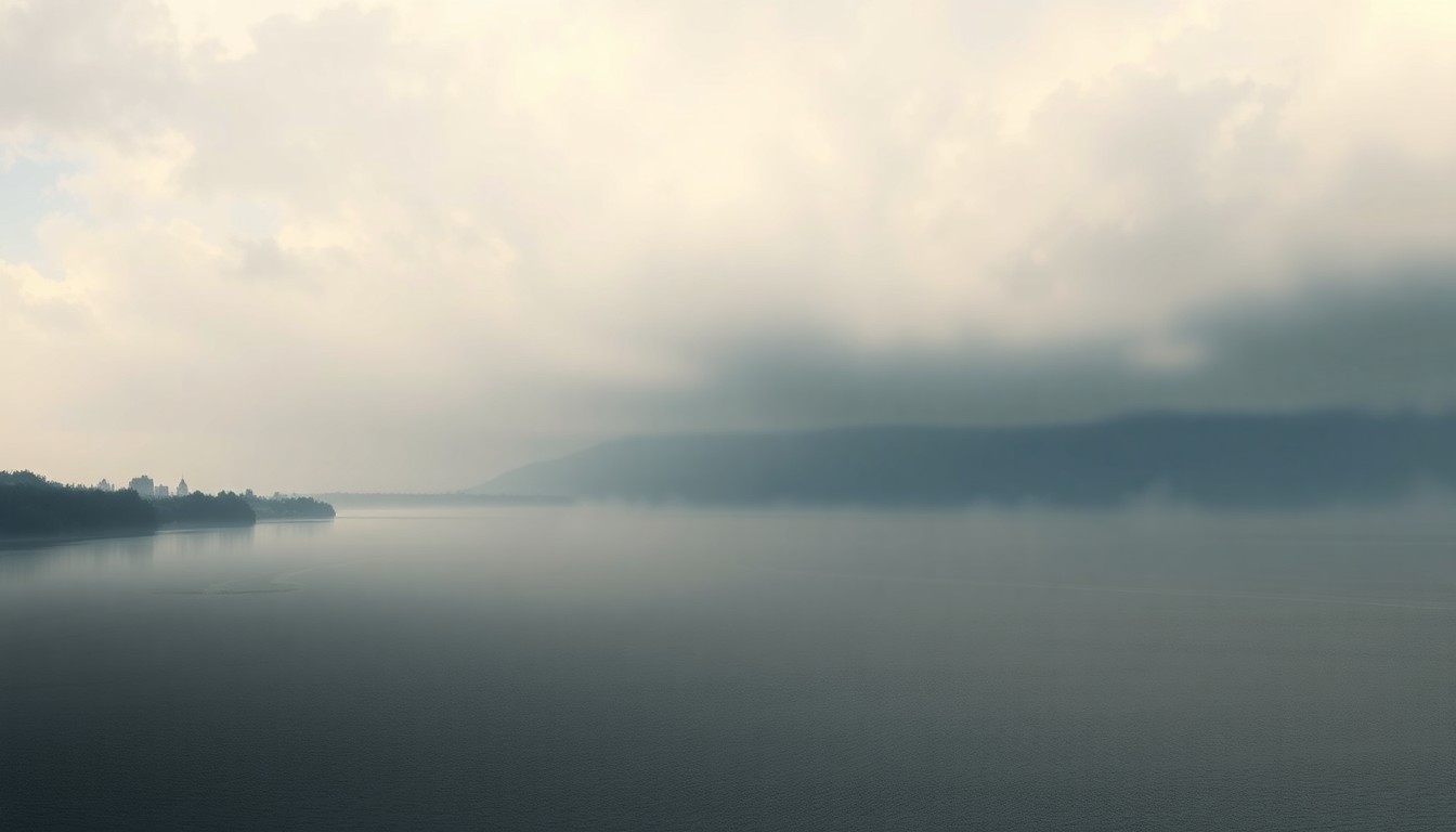 A vast, atmospheric landscape painting in muted tones of grey, blue, and green, depicting the Connecticut River on an overcast day. The river dominates the frame, its dark waters reflecting the heavy clouds above. In the distance, the silhouettes of buildings and trees along the riverbank are barely visible through the hazy, misty atmosphere, conveying a sense of the river's power and the potential dangers it poses.