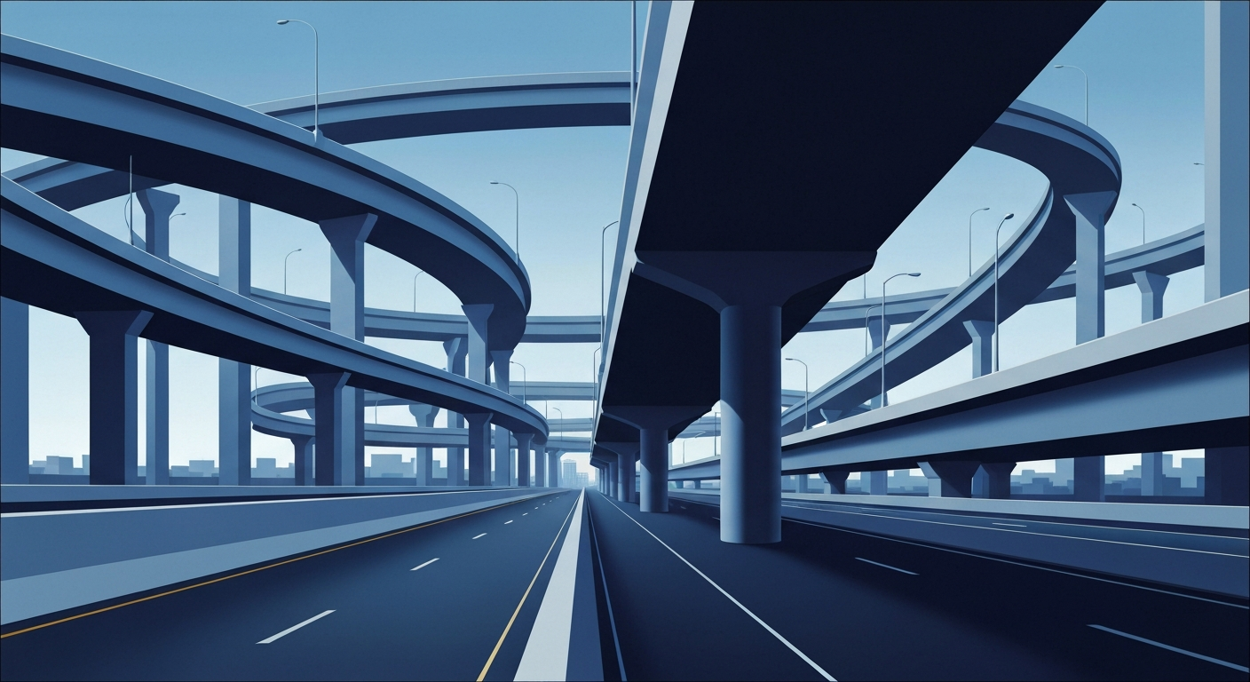 A bold, highly geometric illustration depicting the grand scale and sweeping infrastructure of a major metropolitan highway system, with smooth, airbrushed gradients of deep blues and greys, towering forced perspectives of elevated roadways and interchanges, and sleek, streamlined forms.