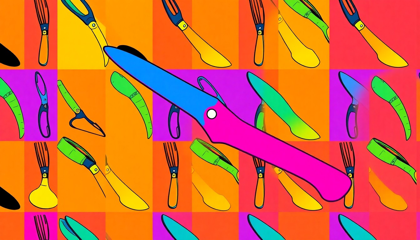 A high-contrast silkscreen print of a gardening trowel repeated in a grid pattern, rendered in a bold, neon color palette that transforms the everyday tool into a modern pop art piece.