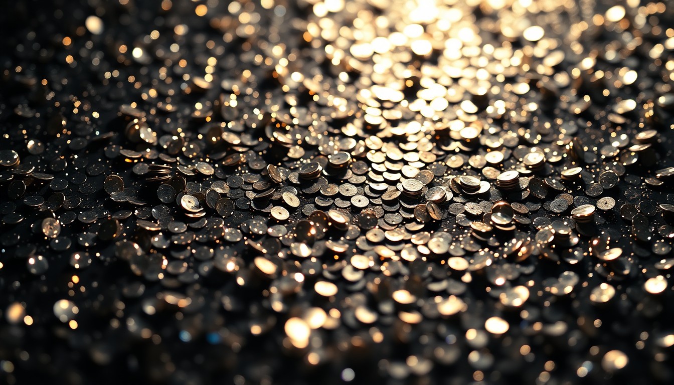 An extreme close-up of shimmering, glittering sequins in dramatic, high-contrast studio lighting, conceptually representing the glamour and excess of celebrity culture.
