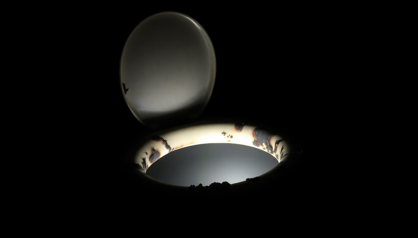 An extreme close-up photograph of a shattered and charred portable toilet seat, capturing the gritty, investigative aesthetic of the crime scene.