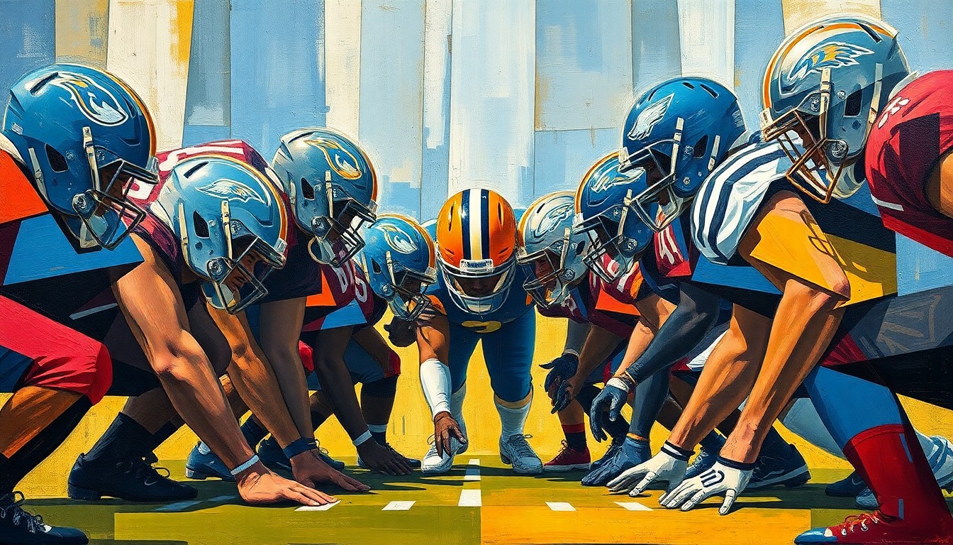 A cubist-style painting depicting a fragmented, geometric interpretation of a football offensive line, with sharp planes of blue, gold, and crimson colors representing the power and intensity of the sport.