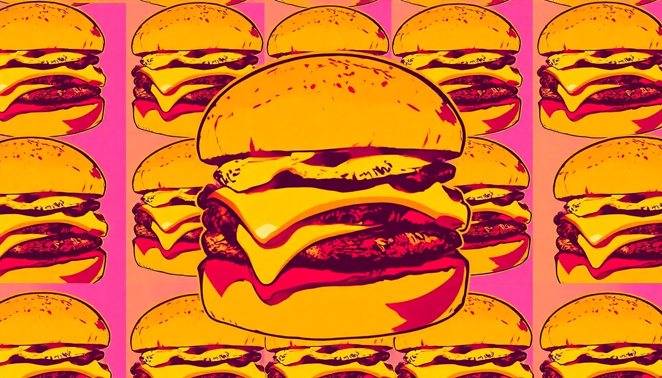 A bold, colorful silkscreen-style illustration featuring a classic cheeseburger and fries repeated in a grid pattern, conceptually representing the closure of a longtime local restaurant.