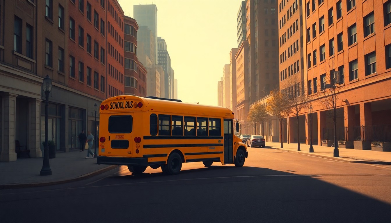 A serene, cinematic painting of a lone school bus parked on a shadowy urban street, capturing the melancholy mood surrounding the potential state takeover of the Memphis-Shelby County school system.