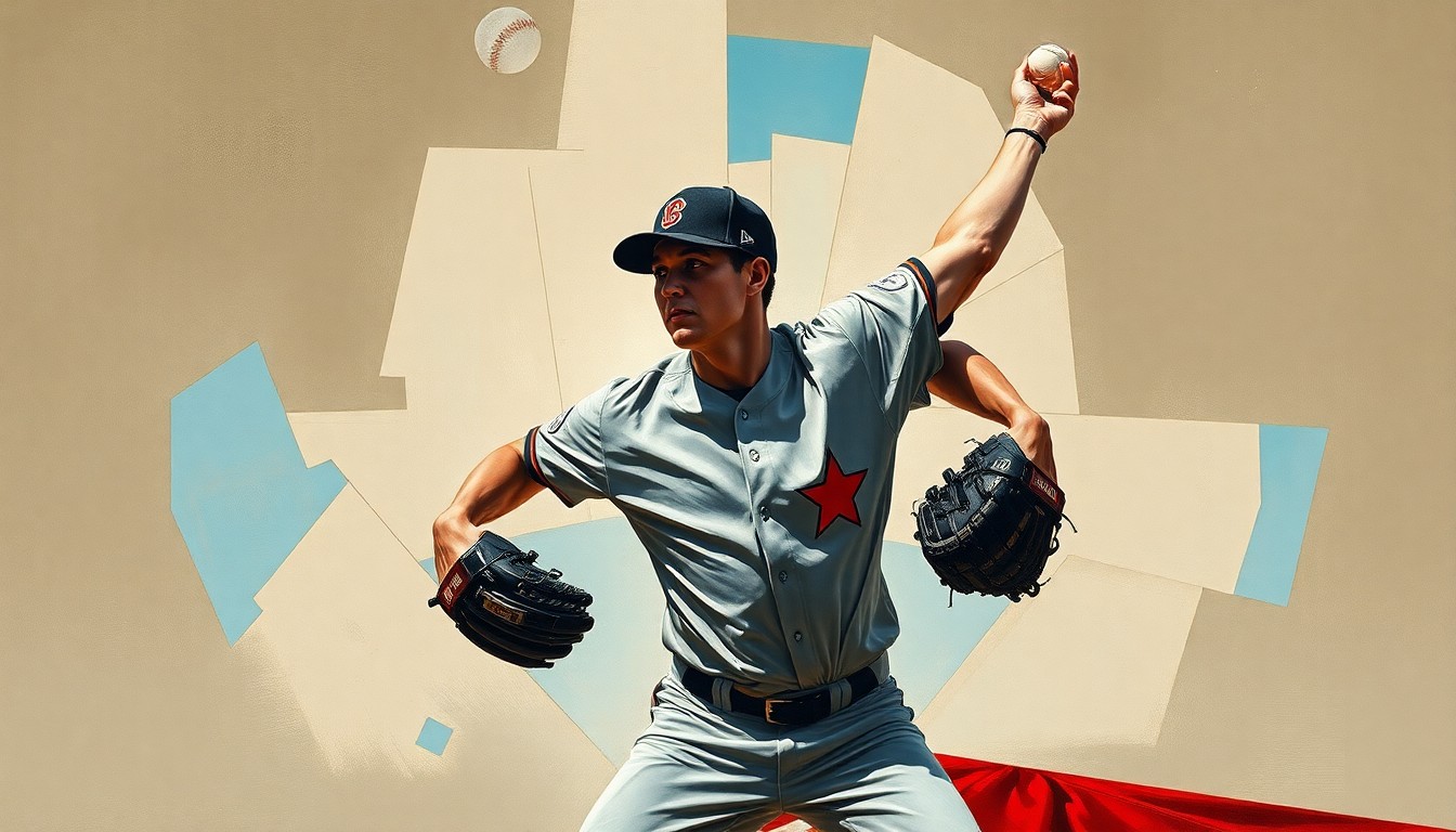 A fractured, geometric painting depicting a baseball pitcher's windup and delivery, with sharp planes of muted earth tones and pops of sky blue and crimson red, conveying the raw energy and motion of the sport.