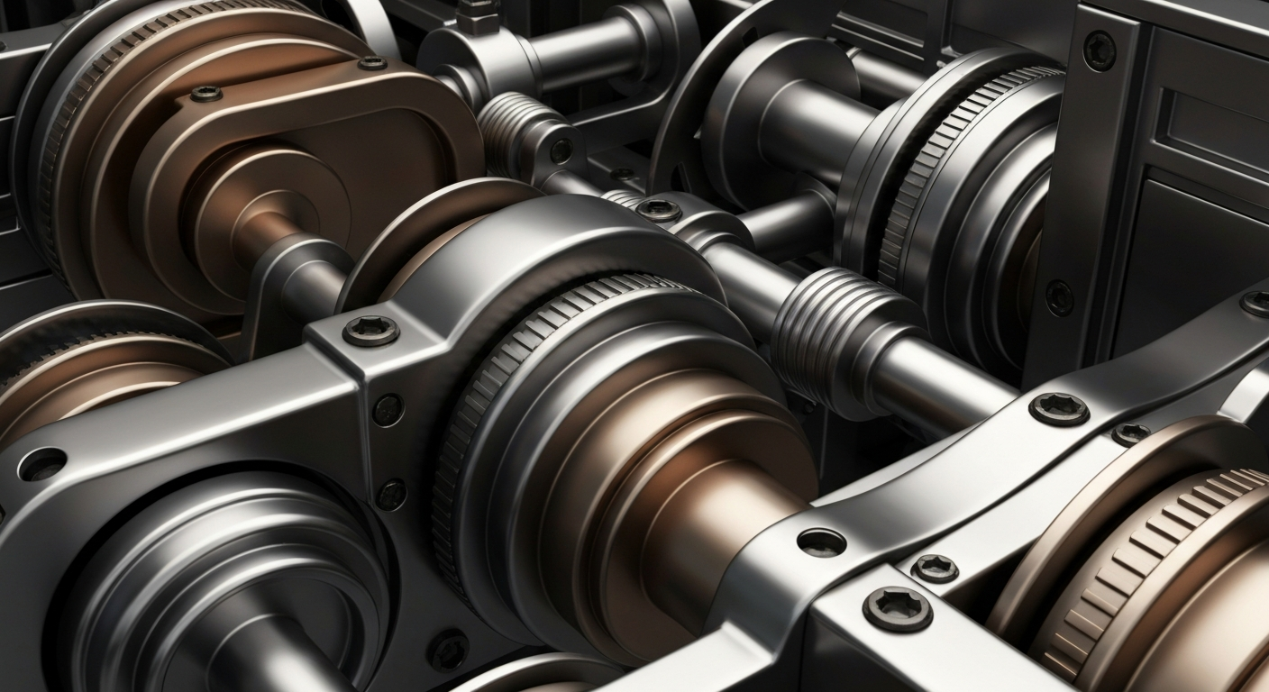 An extreme close-up of intricate, interlocking gears and levers in a banking vault, conveying a sense of the secure, industrial power behind financial institutions.