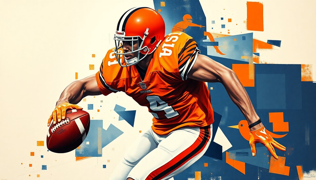 A cubist-style painting depicting a football player in the act of rushing the passer, broken down into sharp, overlapping geometric shapes in shades of orange, navy, and white, conceptually representing the complex contract negotiations and trade speculation surrounding the player.