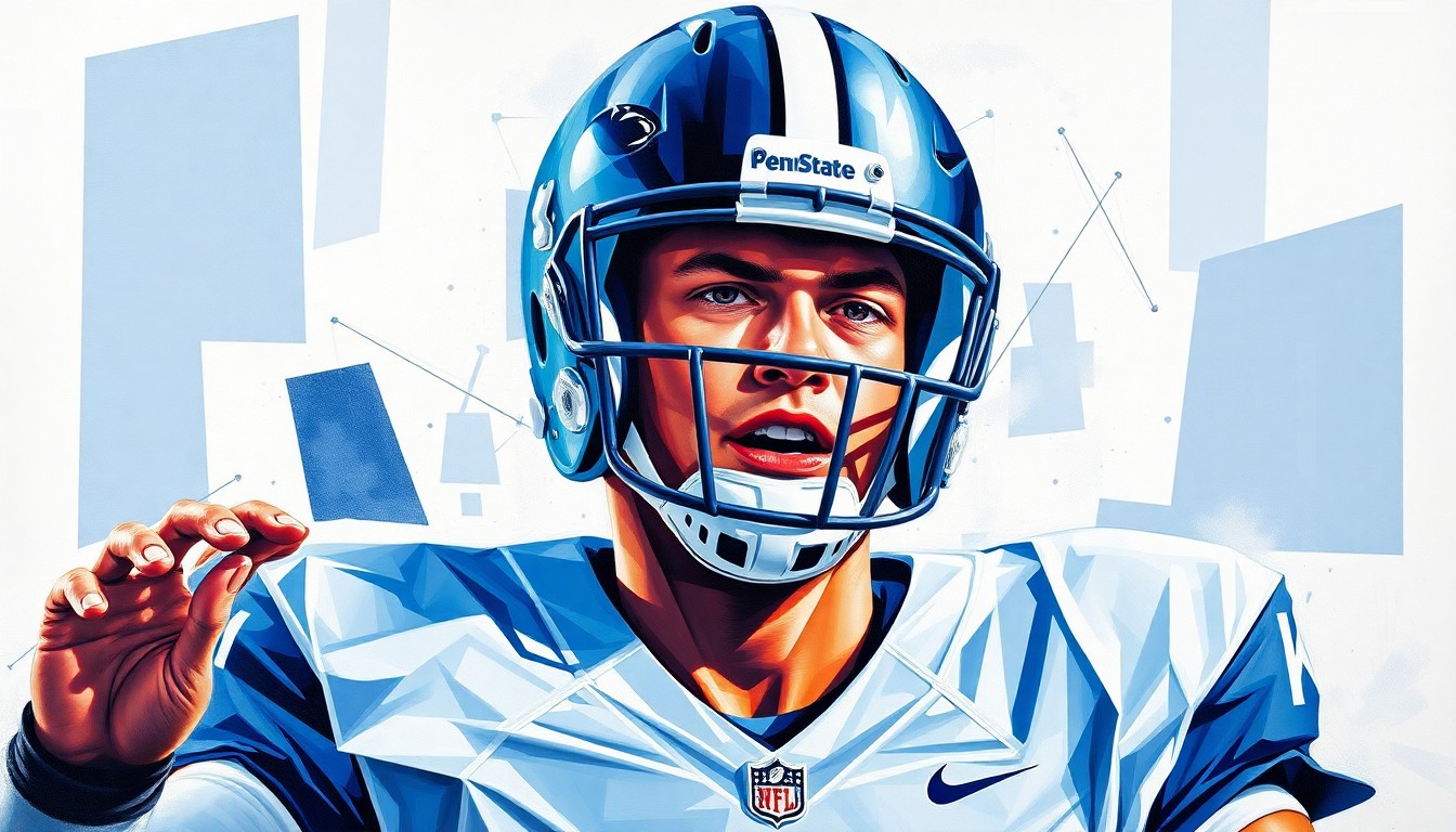 A cubist-style painting depicting a college football quarterback in sharp, overlapping geometric shapes and planes, with vibrant blue and white colors representing the Penn State uniform.