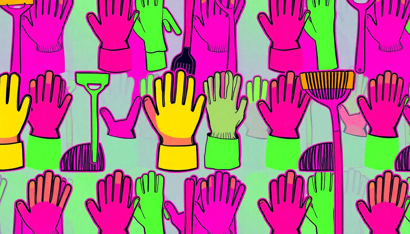 A brightly colored, high-contrast silkscreen print of a pair of work gloves repeated in a tight grid pattern, representing the volunteer spirit of the University of Nebraska at Kearney's Big Event.