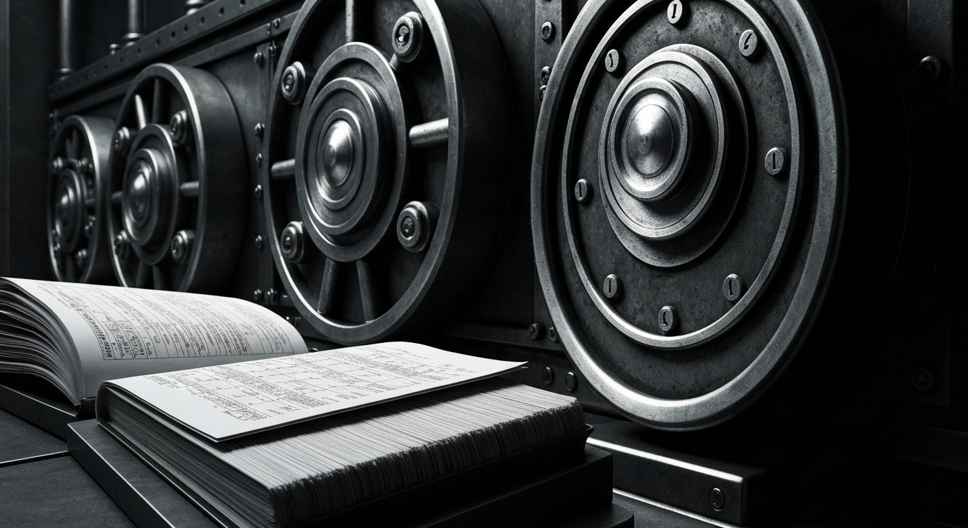 A close-up of heavy, metallic financial machinery and equipment, conveying the raw industrial power and security of financial institutions.