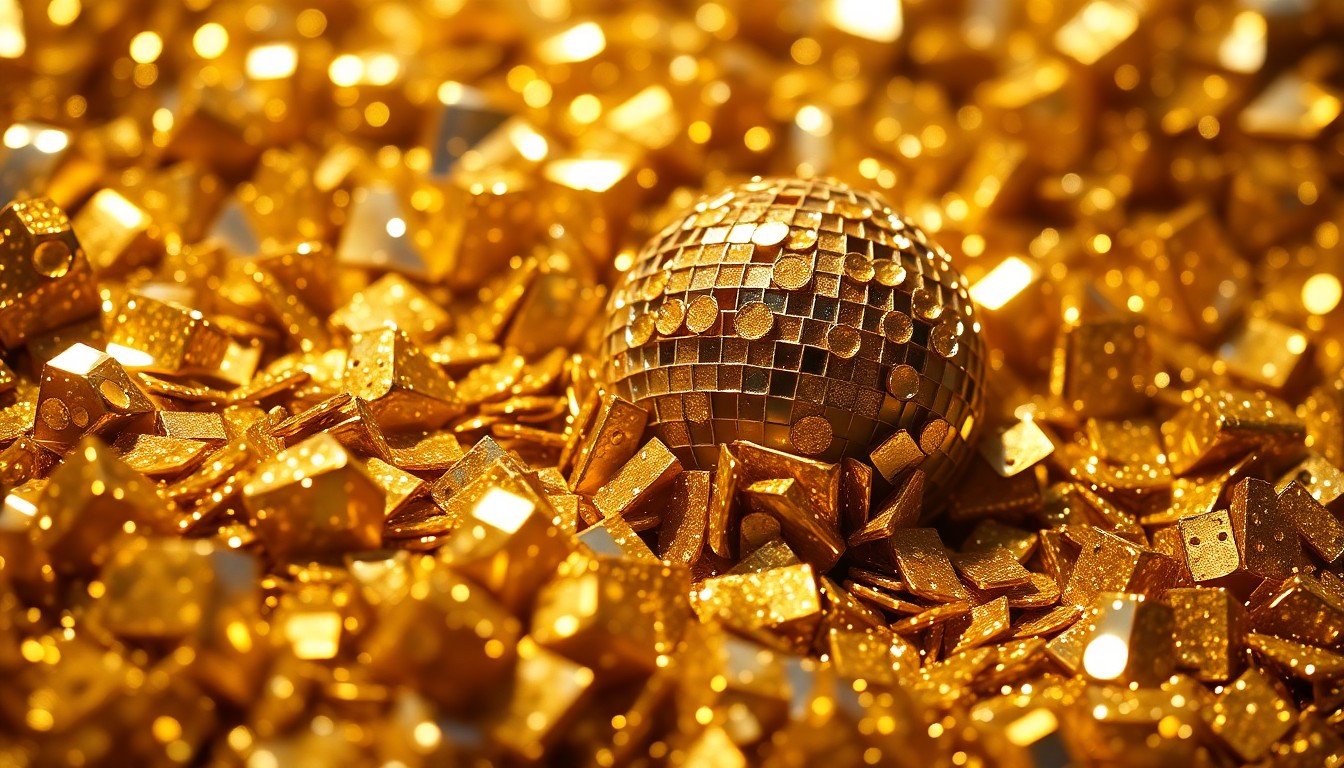 An abstract close-up photograph of shimmering gold sequins and glittering disco ball fragments, creating a high-contrast, high-fashion aesthetic that evokes the glamour and energy of Ella Mai's music.