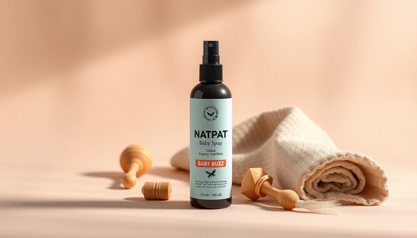A high-end studio still life photograph featuring a bottle of NATPAT's Baby Buzz Spray insect repellent, along with a wooden baby rattle and a soft organic baby blanket, all arranged elegantly on a clean, monochromatic background with dramatic lighting and shadows, conceptually representing the brand's focus on clean, natural ingredients and design-forward, family-friendly products.