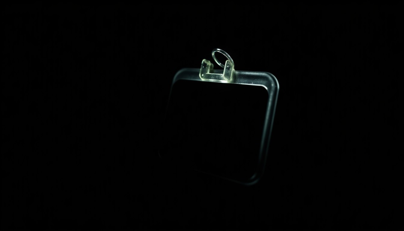 An extreme close-up photograph of a hospital ID badge or medical instrument, lit by a harsh, direct camera flash against a pitch-black background, conceptually illustrating the investigative nature of this healthcare fraud case.