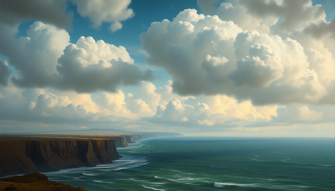 A sweeping, atmospheric landscape painting in muted tones of blue, gray, and green, depicting a vast, open coastal vista with billowing clouds and a distant horizon, conveying the overwhelming scale and power of the natural environment.