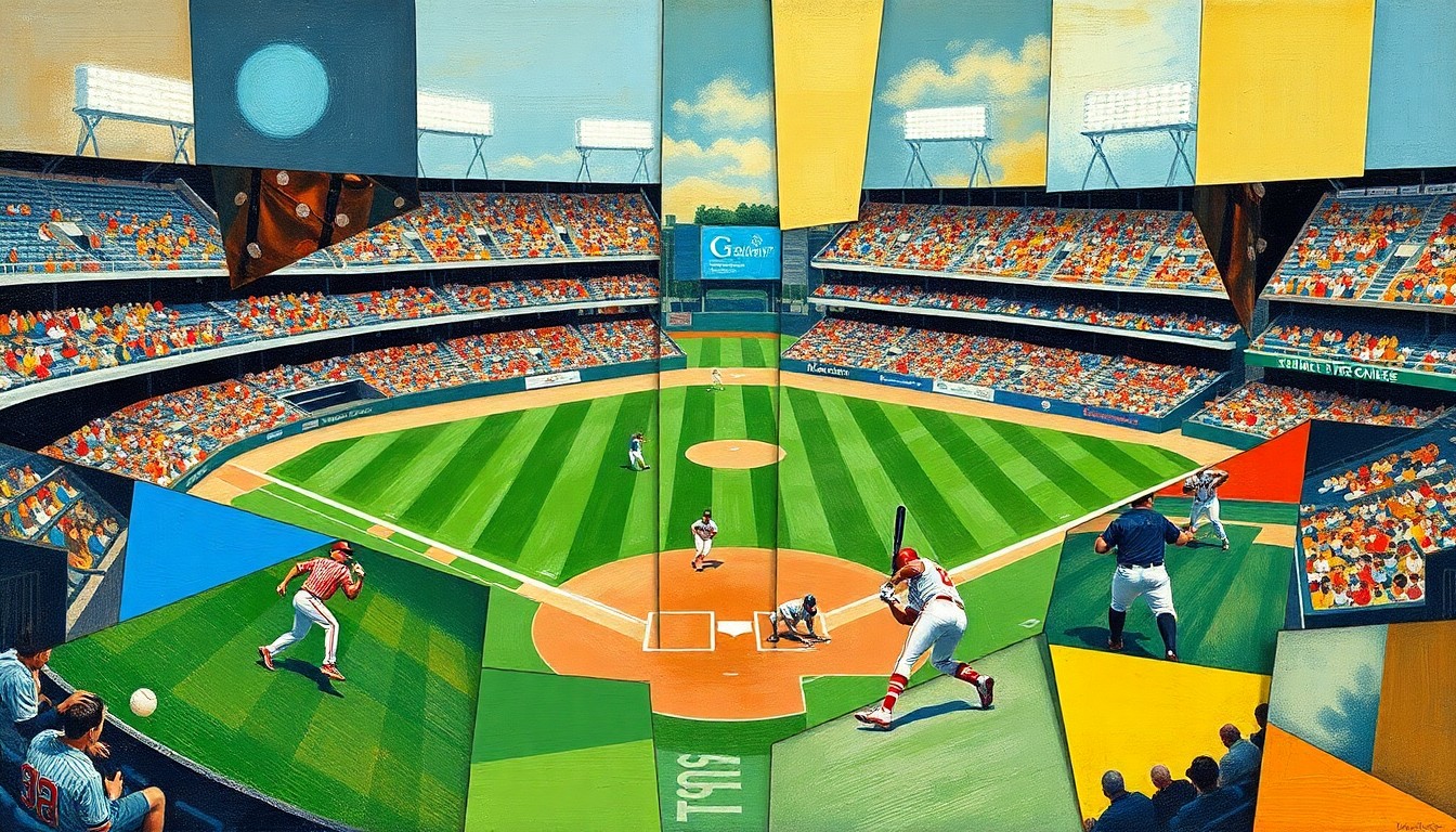A cubist, geometric painting depicting a baseball game or match, with the players and field broken down into abstract shapes and colors, capturing the dynamic energy and tension of the sport.