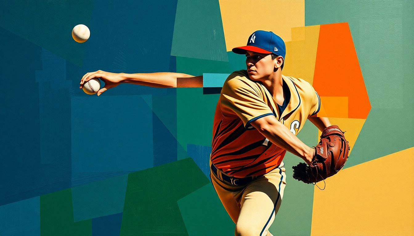 A fractured, geometric painting in navy, green, and orange hues depicting the motion of a baseball pitcher in an abstract, deconstructed style.