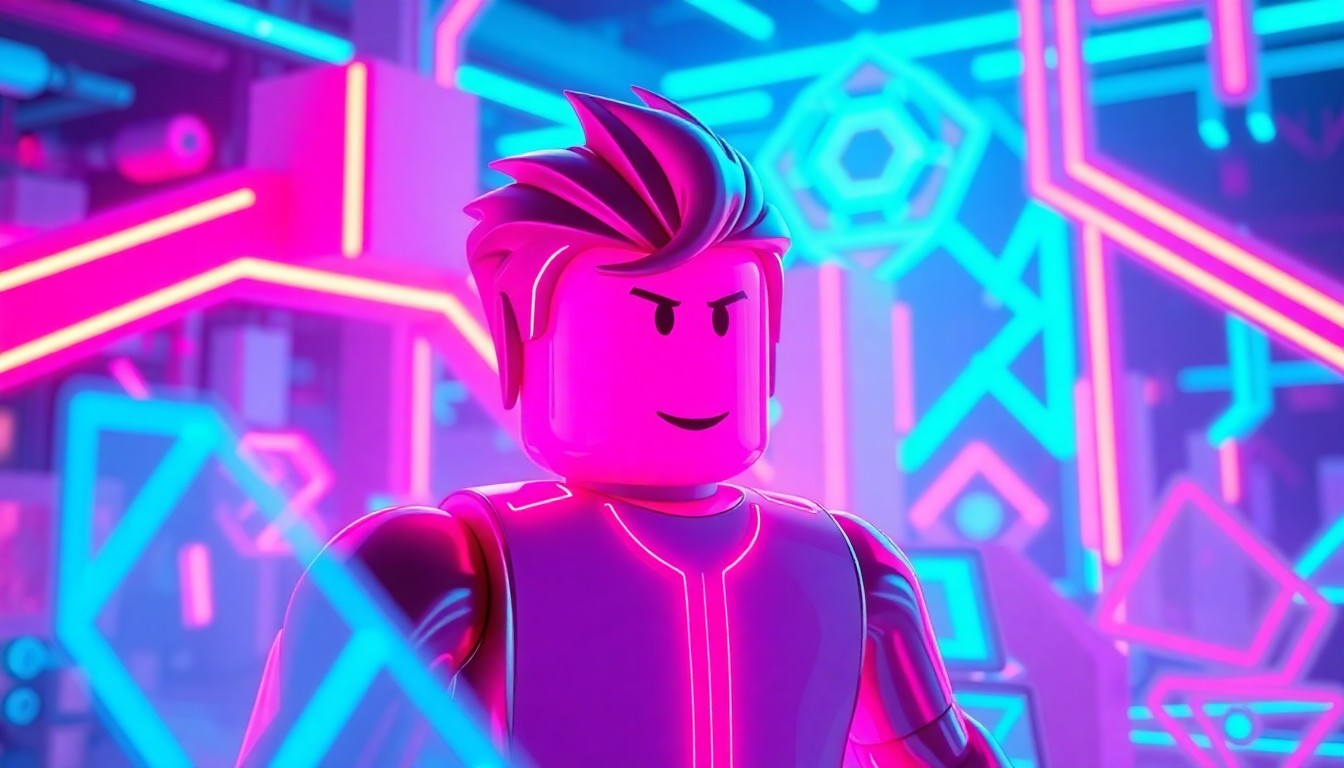 A highly detailed, glowing 3D illustration of a futuristic Roblox avatar surrounded by pulsing neon-lit digital infrastructure and geometric shapes, conceptually representing the platform's blend of virtual identity, community, and technological innovation.