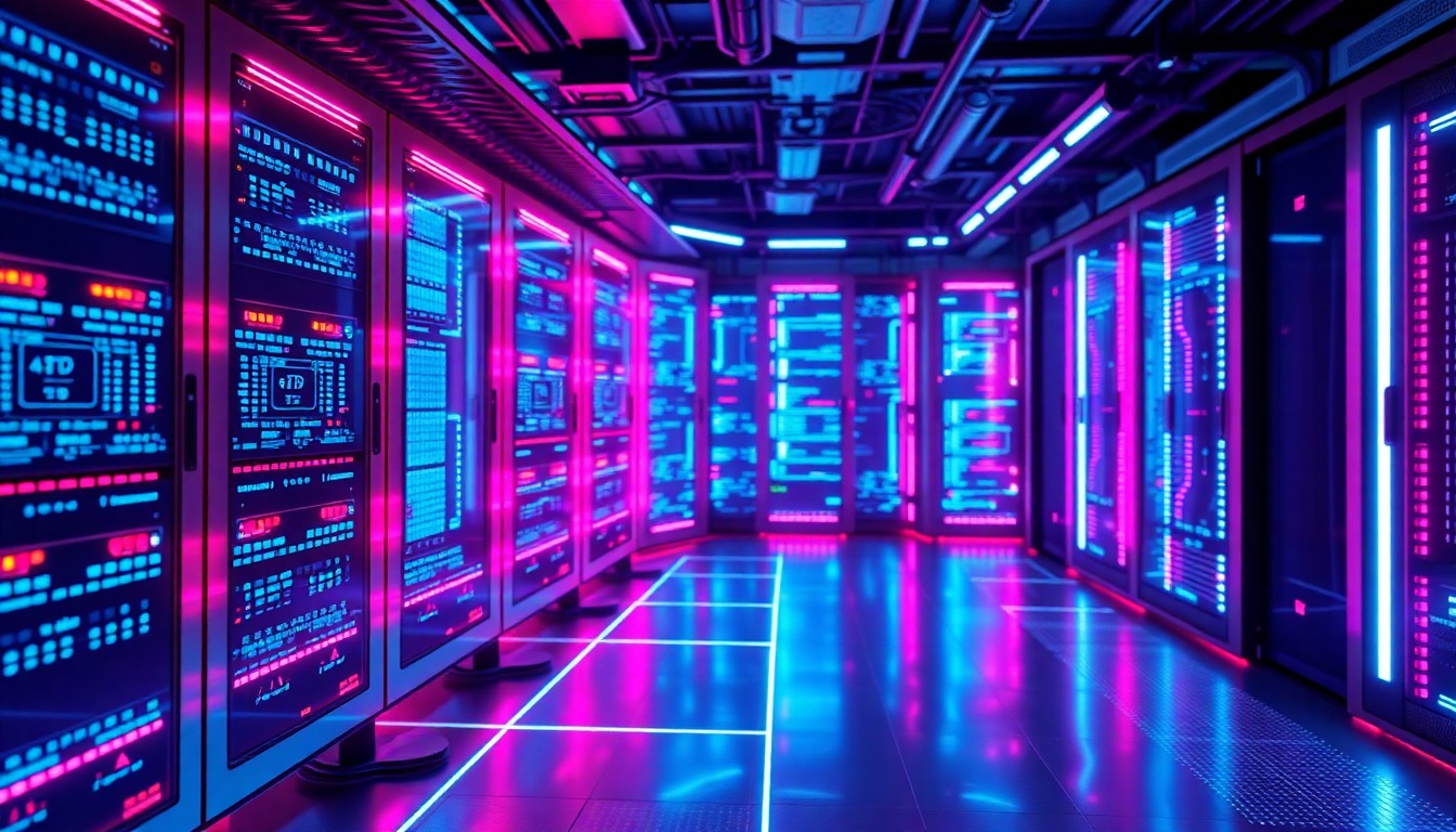 A highly detailed, glowing 3D illustration of a futuristic, neon-lit cybersecurity control panel or data center infrastructure, representing the advanced AI-powered risk management capabilities of DigitalXForce. The image features recognizable physical tech elements like servers, cables, and sensors illuminated by vibrant cyan and magenta lights, grounding the story in a tangible, high-tech reality.