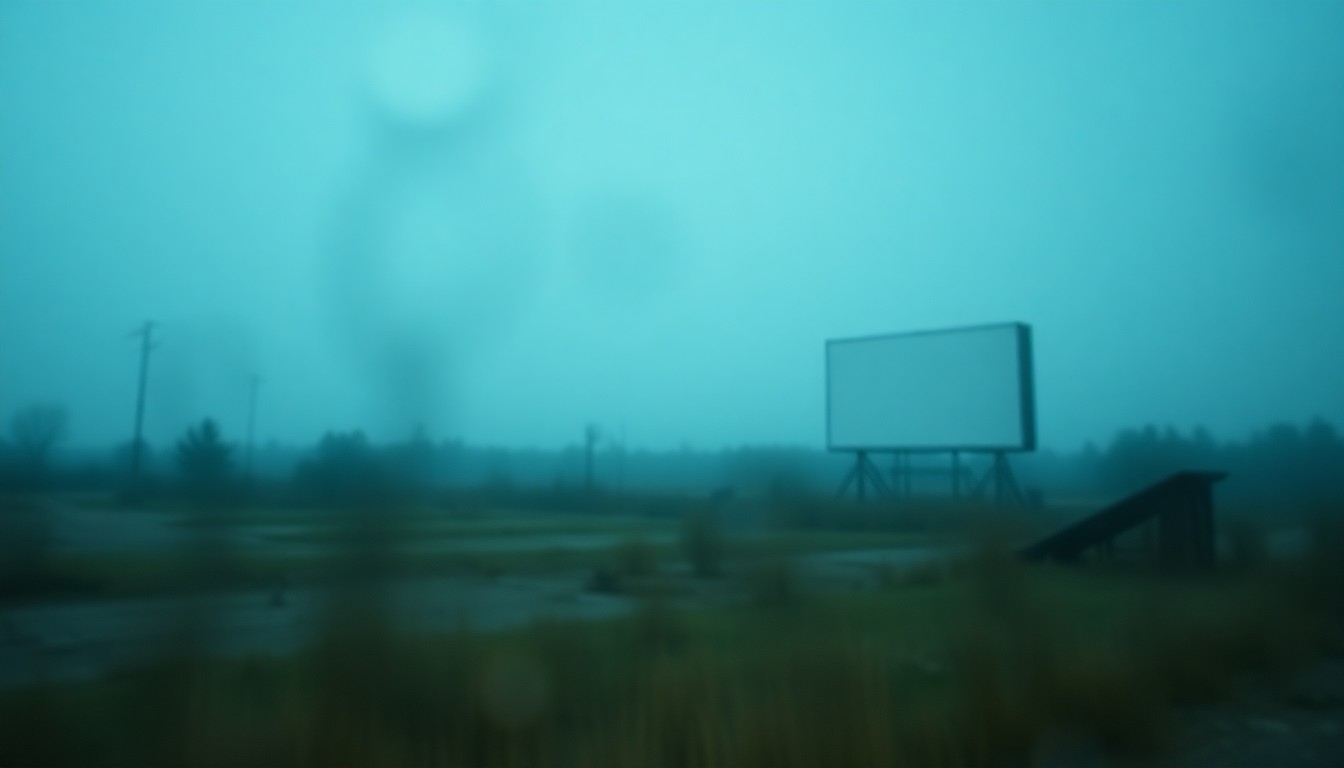 An extremely blurred, out-of-focus photograph depicting a hazy, dreamlike scene of an overgrown, abandoned drive-in movie theater lot, with only the faint outlines of the former structures visible through the soft, warm pools of light and color.