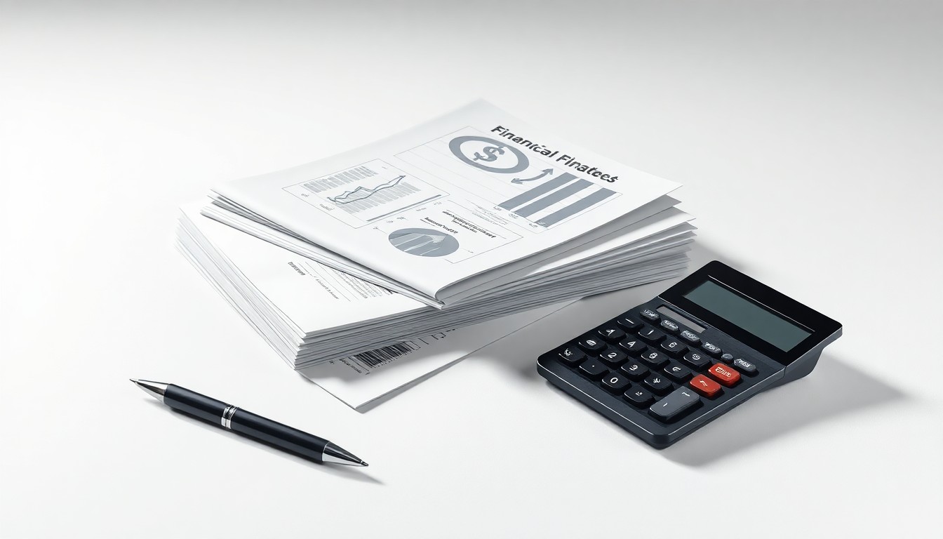 A photorealistic studio still life featuring a stack of financial reports, a pen, and a calculator arranged on a clean white background, symbolizing the data and analysis behind IRT's quarterly earnings.