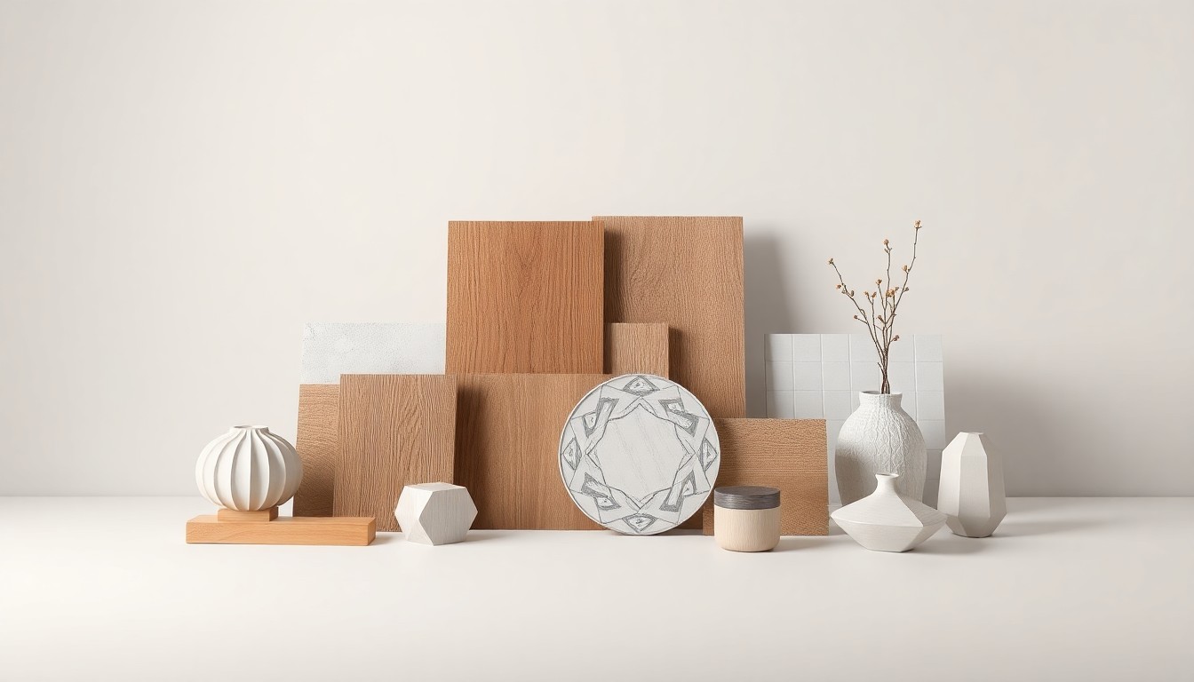A minimalist studio still life photograph featuring a selection of premium hardwood flooring samples, tile samples, and decorative accessories arranged elegantly on a clean, monochromatic background, conceptually representing the refined products and services offered by the home improvement retailer Floor & Decor.