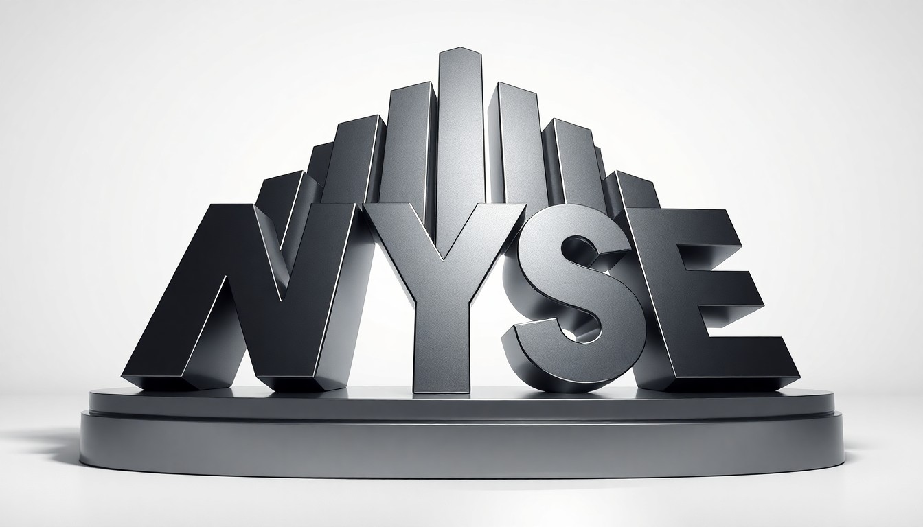 A highly detailed, photorealistic studio photograph of a polished, geometric metal sculpture in the shape of the NYSE logo, resting on a clean, monochromatic background and dramatically lit to convey the exchange's prestige and importance.