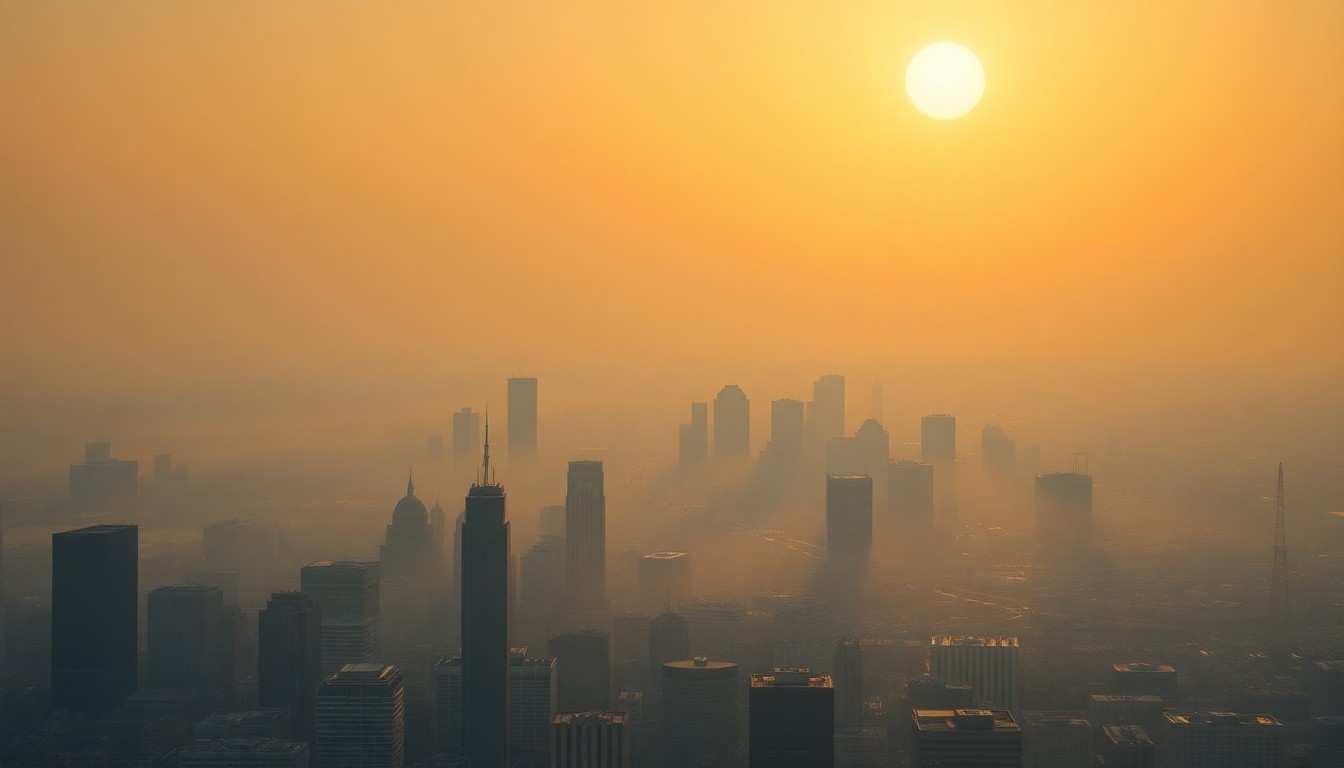 A vast, majestic landscape painting depicting a hazy, sun-drenched cityscape of Baltimore's skyline shrouded in a shimmering heat haze, with the towering skyscrapers and landmarks dwarfed by the overwhelming scale of the oppressive, cloudless sky.