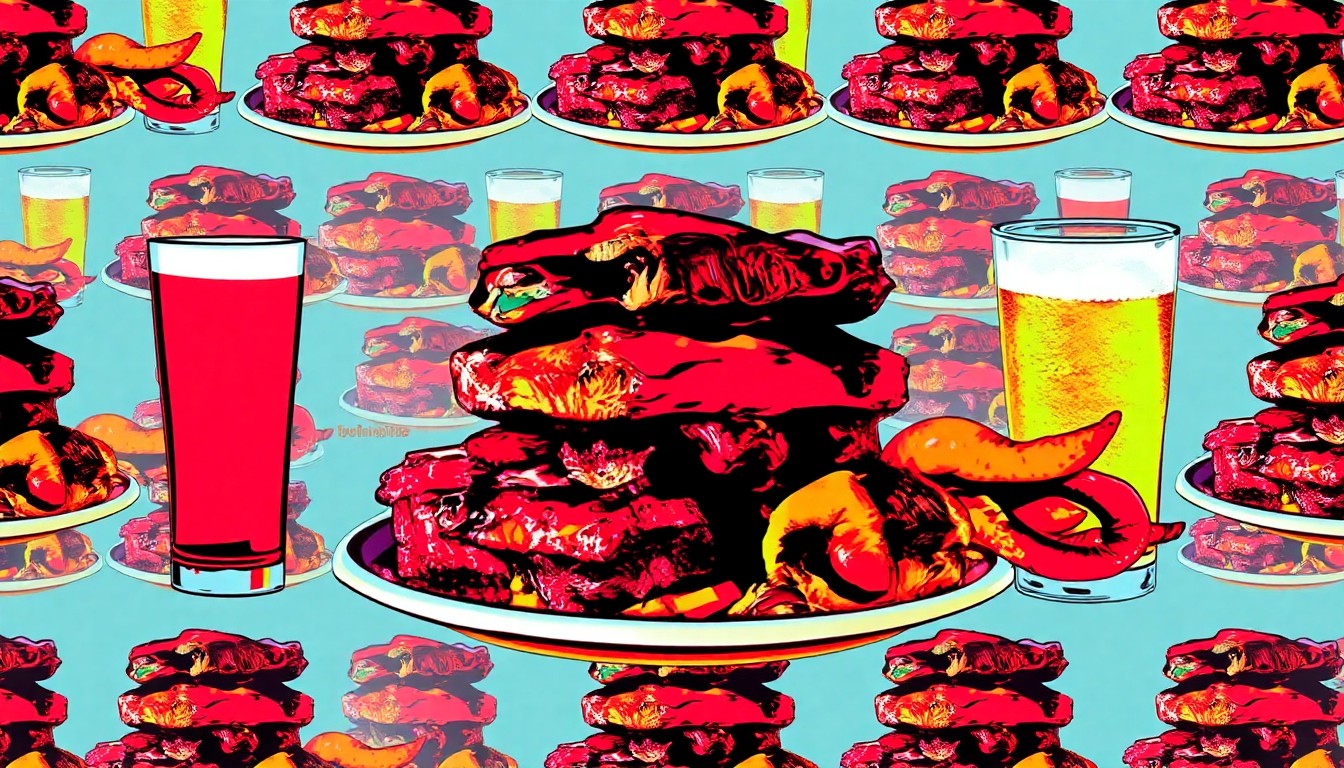 A visually striking collage of iconic barbecue and seafood dishes in a bold, pop art style, conceptually representing the diverse dining options and weekly specials available at restaurants in Sebastian, Florida.