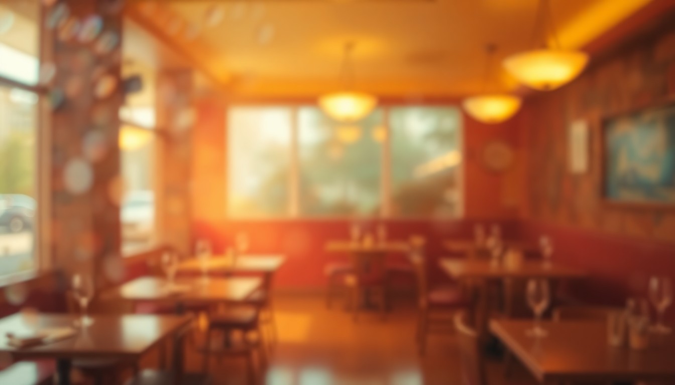 An abstract, impressionistic photograph showing the blurred, hazy interior of a restaurant, with soft pools of warm light and color creating an atmospheric, melancholy mood.