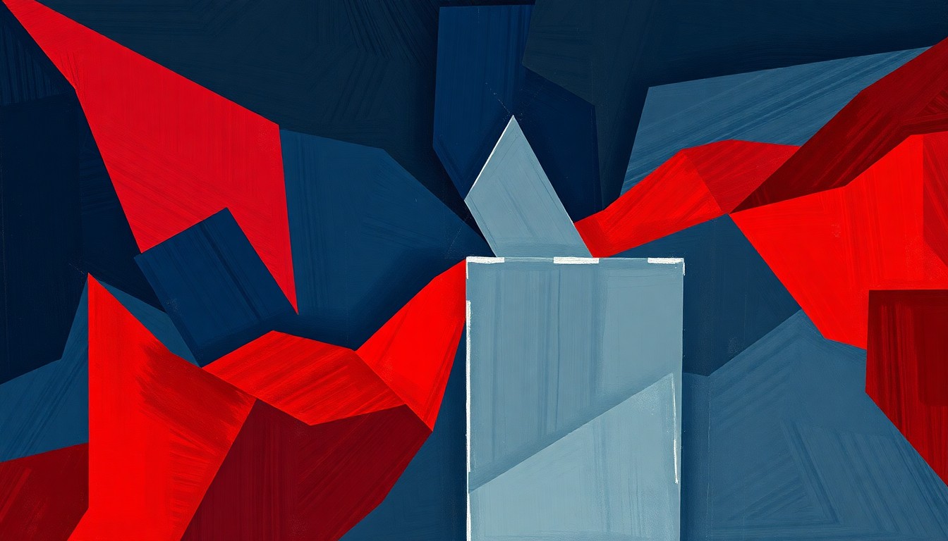 A fragmented, abstract painting featuring overlapping geometric shapes and waves of dark blue, red, and grey, conceptually representing the chaotic and contentious battle over redistricting in Virginia.