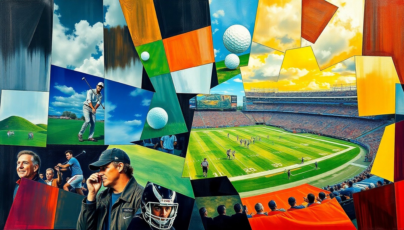 A fragmented, geometric painting depicting overlapping scenes of a golfer swinging a club and an American football player on a field, representing the divergent successes of Rory McIlroy and the New York Jets.