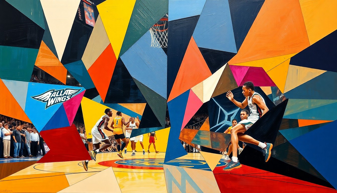 A fractured, multi-perspective painting featuring sharp, overlapping geometric shapes in the official team colors of the Dallas Wings and Minnesota Lynx, capturing the dynamic movements and energy of a WNBA basketball game.