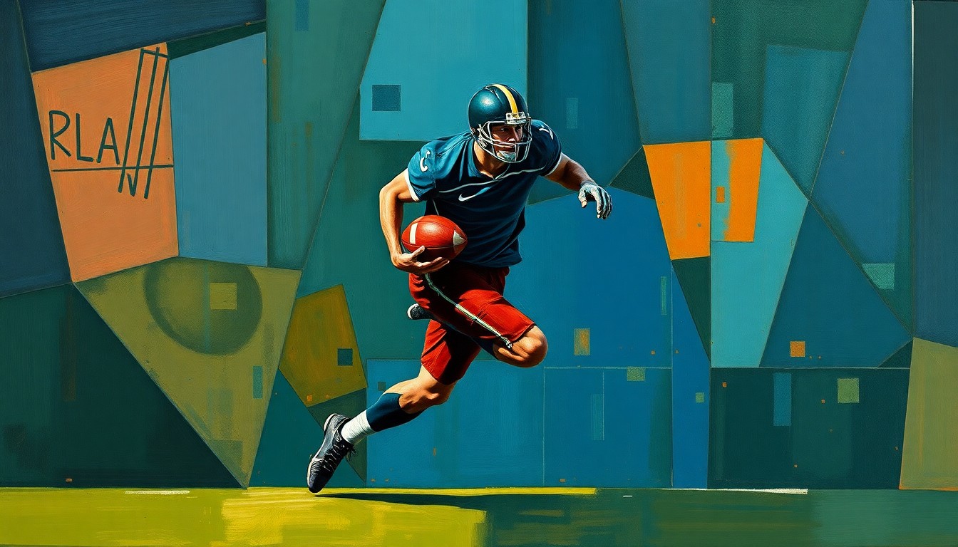 A fragmented, geometric painting depicting a football player in motion, their body broken down into sharp, overlapping planes of deep blue, forest green, and burnt orange, conveying the raw physicality and determination of an athlete striving to overcome a major injury.