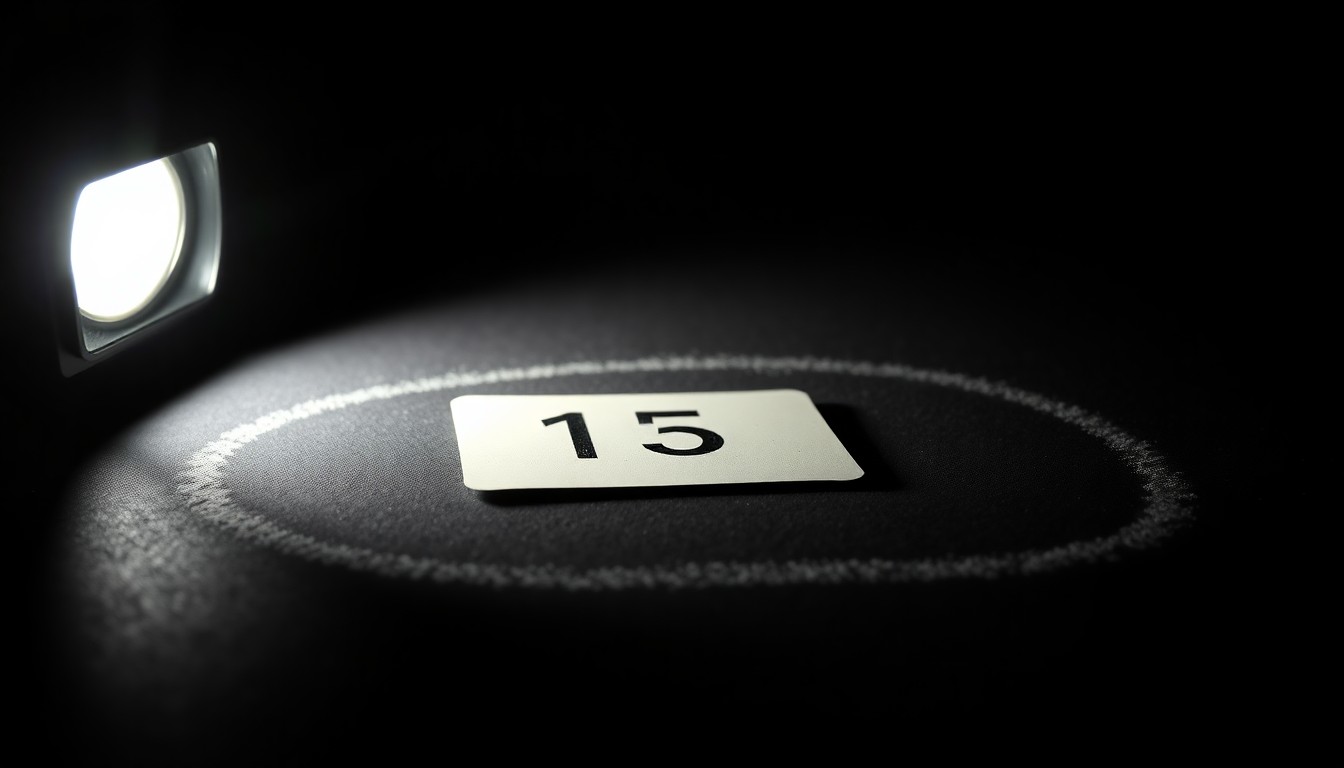 An extreme close-up photograph of a single police evidence marker, such as a numbered placard or chalk outline, lit by a harsh, direct camera flash against a pitch-black background, conceptually illustrating the investigation into an incident at a community event.