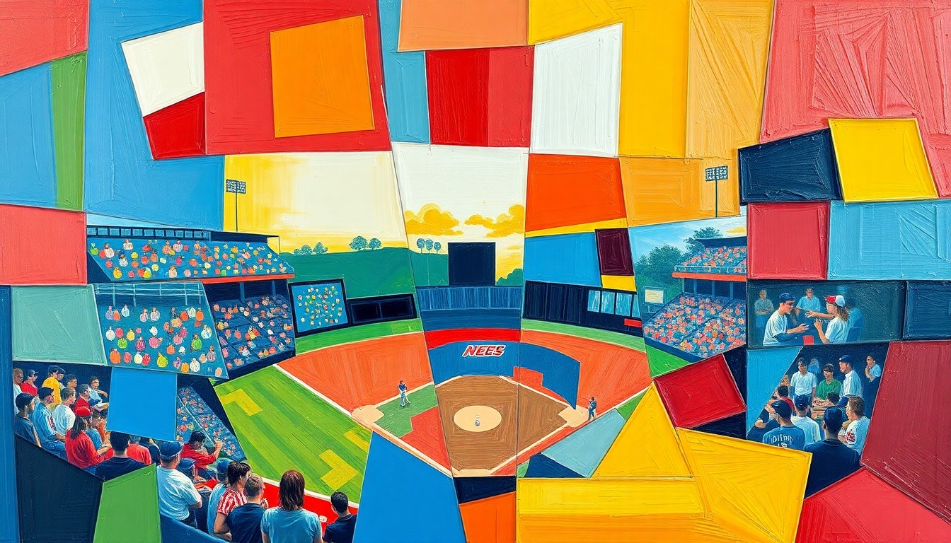 A cubist, geometric painting depicting a high school baseball game, with overlapping planes of color and shape representing the dynamic action on the field.