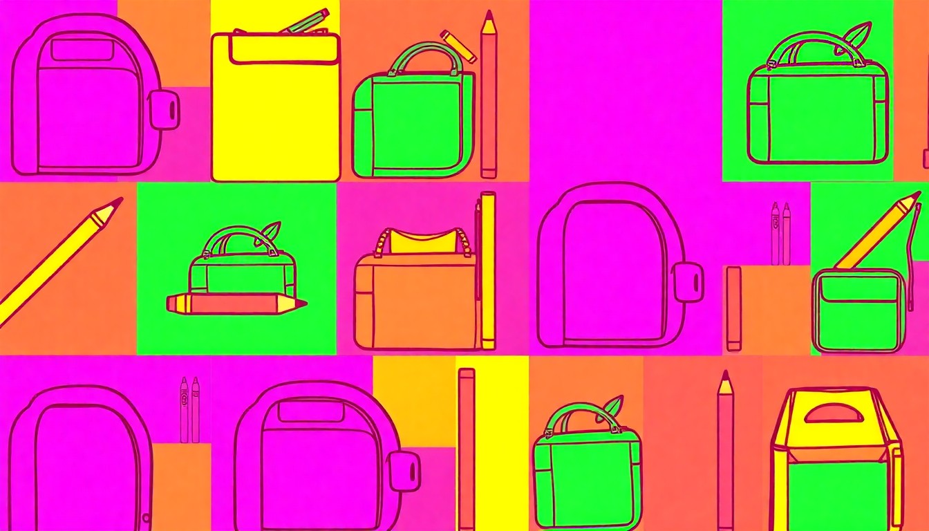 A bold, colorful silkscreen print featuring a repeated image of a school backpack in neon shades of blue, pink, and yellow, conceptually representing the excitement and energy around the approval of a new educational facility.