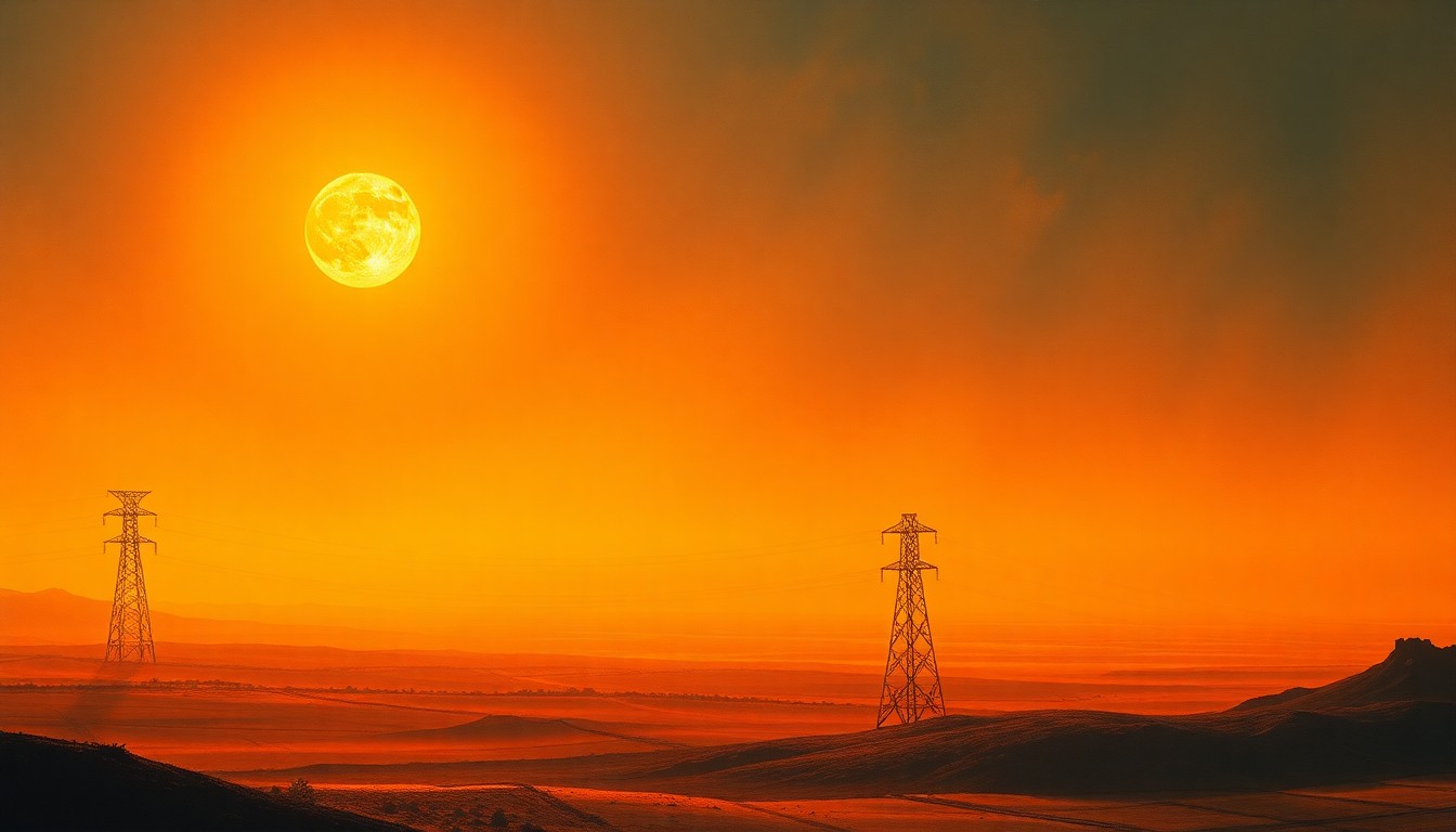 A sweeping, atmospheric landscape painting in muted earth tones, with a lone power line tower barely visible in the distance, dwarfed by the overwhelming scale of the natural environment.