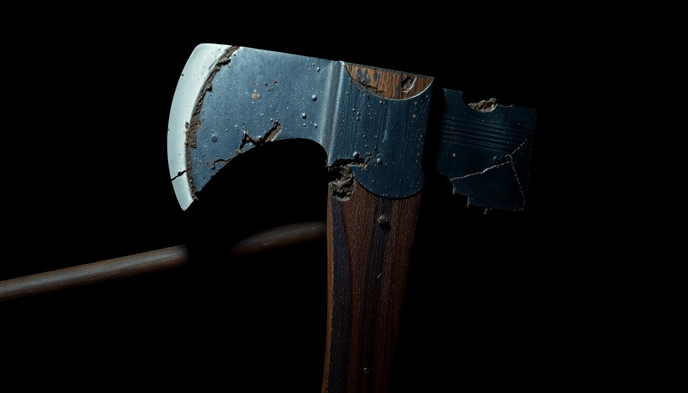 An extreme close-up photograph of a damaged firefighter's axe, lit by a harsh, direct camera flash against a pitch-black background, conveying a stark, gritty, investigative aesthetic.