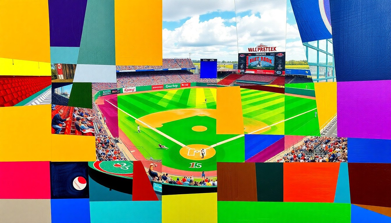 A cubist, geometric painting depicting a baseball game at Wilson Ballpark, with the field and players broken down into sharp, overlapping planes of bright blue, red, and yellow.