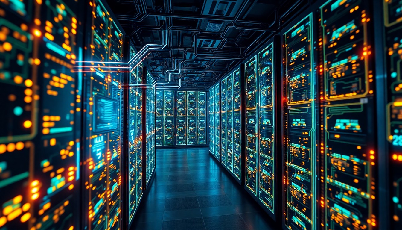 A highly detailed, glowing 3D illustration of a futuristic AI data center, with intricate circuits, pulsing lights, and a sense of technological energy, conceptually representing the scale and complexity of modern AI infrastructure.