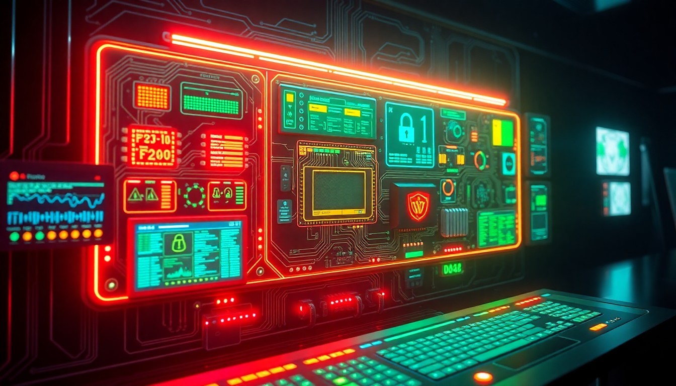 A highly detailed, glowing 3D illustration of a complex cybersecurity control panel with pulsing neon lights, digital displays, and intricate circuit board patterns, conveying the high-stakes nature of cybersecurity.