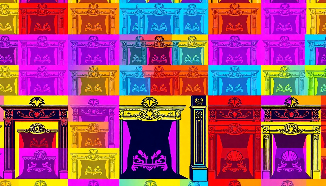 A boldly colored, abstract silkscreen print featuring a repeating pattern of an ornate, antique fireplace mantel, conceptually representing the creative transformation of a historic home for a designer showcase event.