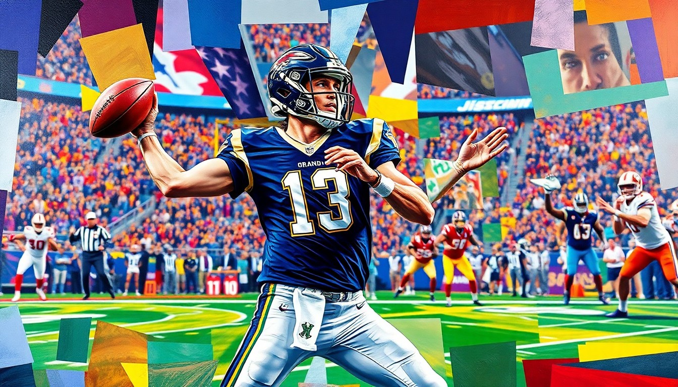 A cubist, geometric painting depicting a quarterback in mid-throw, with the player's body and the football broken down into overlapping angular shapes and planes in vibrant colors.