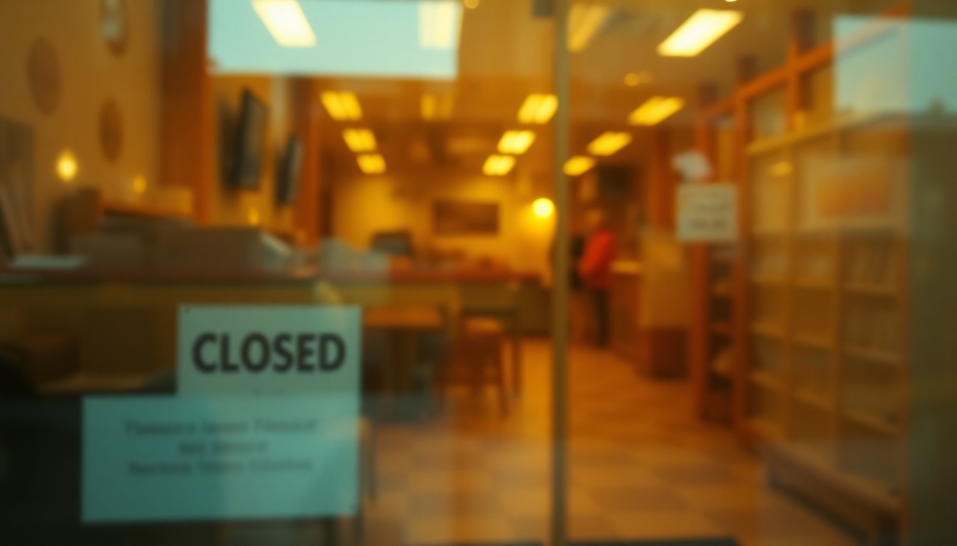 An extremely blurred, abstract photograph of an empty storefront interior, with a faint 'CLOSED' sign visible through the hazy, warm-toned glass. The conceptual image evokes a sense of melancholy and transition as a local business shutters its doors.