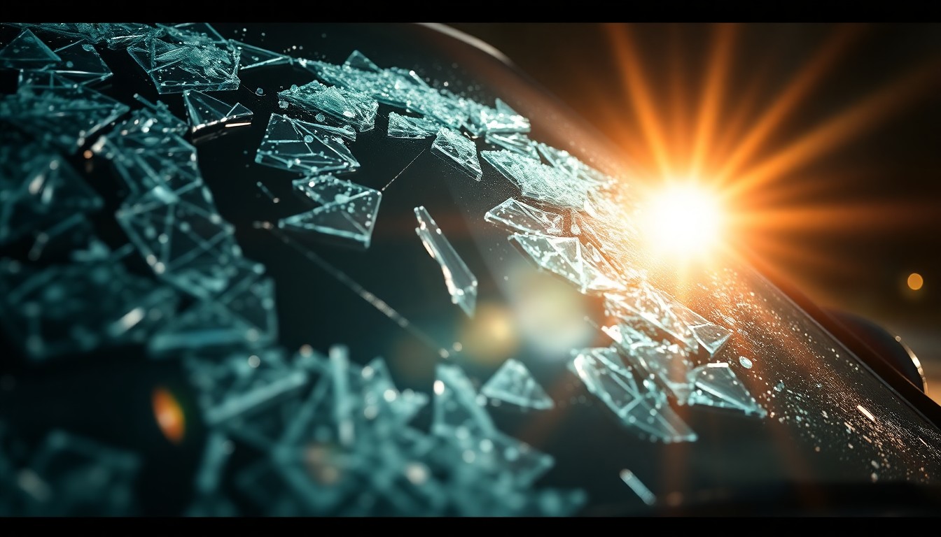 An extreme close-up of a shattered car windshield reflecting a harsh camera flash, conceptually representing the aftermath of a violent collision.