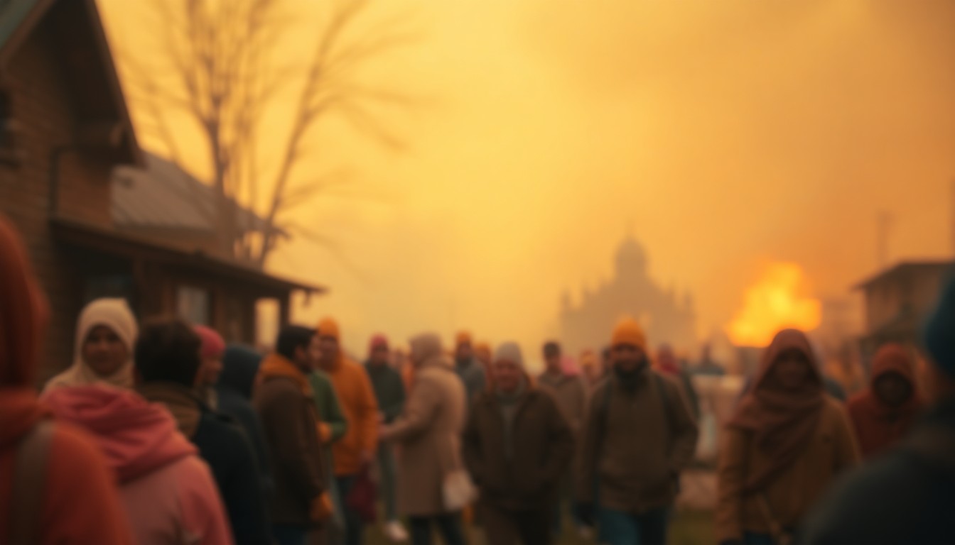 An extremely abstracted, out-of-focus photograph in soft pools of warm color and light, capturing the mood of a community gathering or rebuilding effort after a devastating fire.
