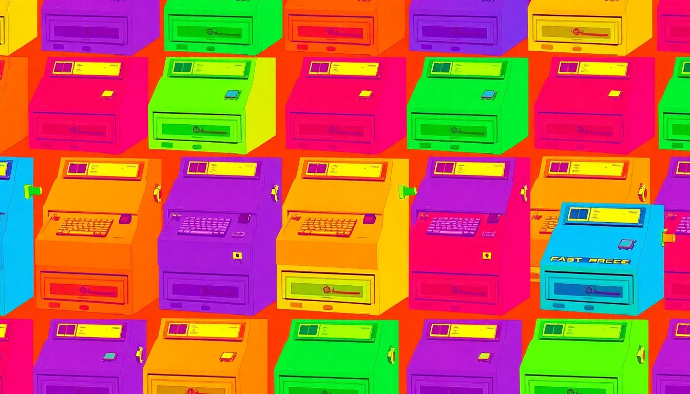 A vibrant, high-contrast silkscreen print featuring a vintage cash register repeated in a grid pattern, capturing the energy and excitement of a bustling flea market.